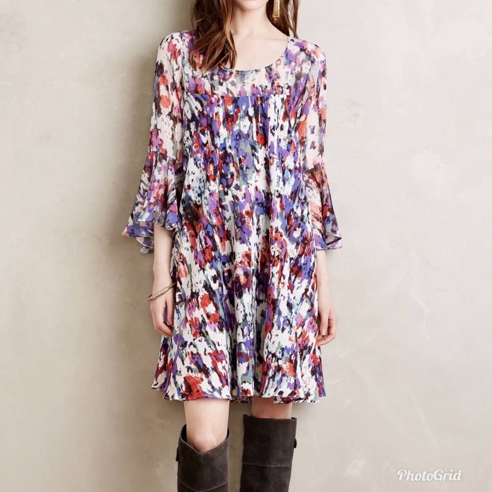 Anthropologie Paper Crown Dress Purple abstract Floral baby doll swing,  Size S